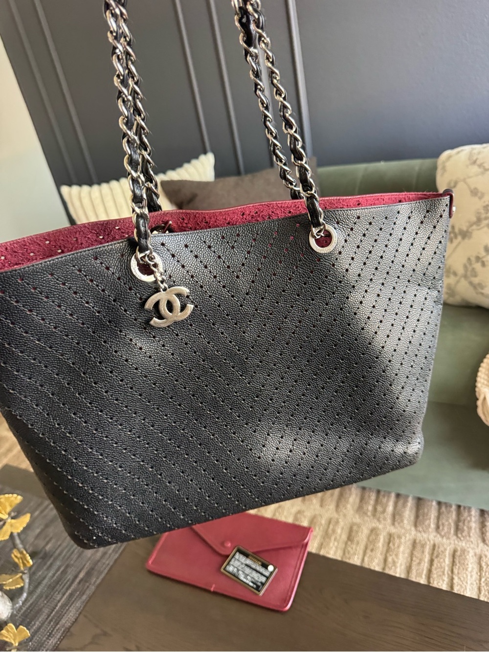 Chanel Black & Burgundy Perforated Leather Chain Tote Perforated Caviar